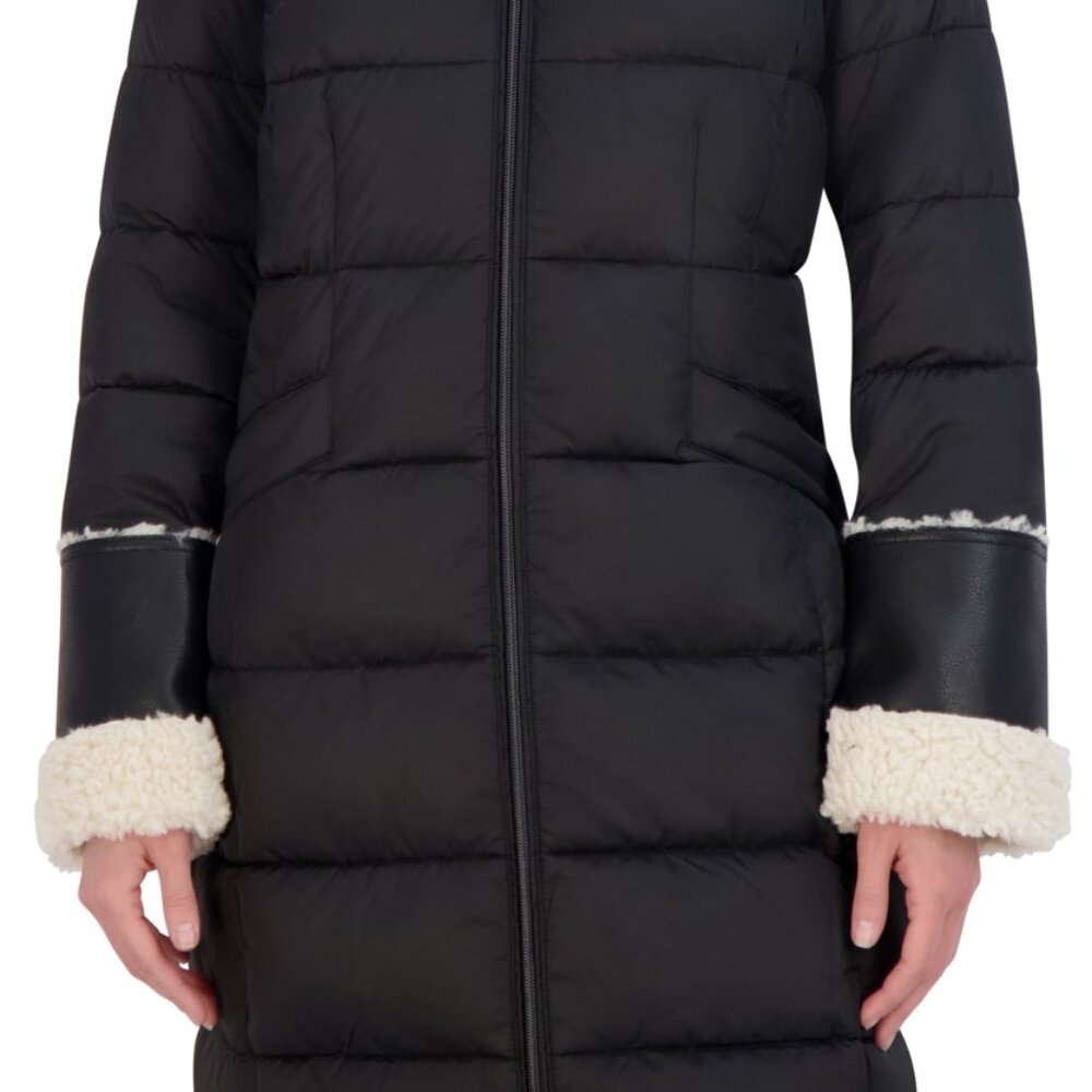 ⭐️ Tahari Women’s Faux-Shearling-Trim Hooded Puffer Coat Black/Cream Size L NWT - Picture 4 of 5